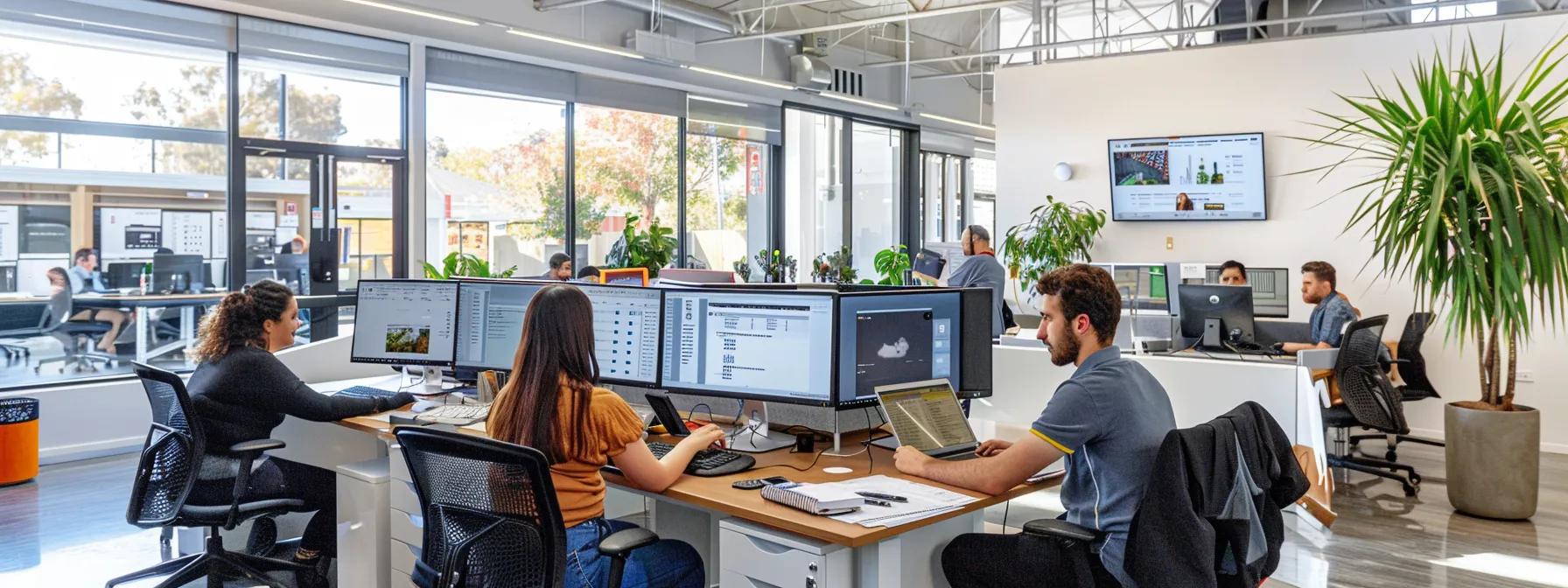 a bustling perth office interior showcases a diverse team collaborating over transparent pricing charts and packing supplies, emphasizing the balance between affordable and high-quality removalist services.