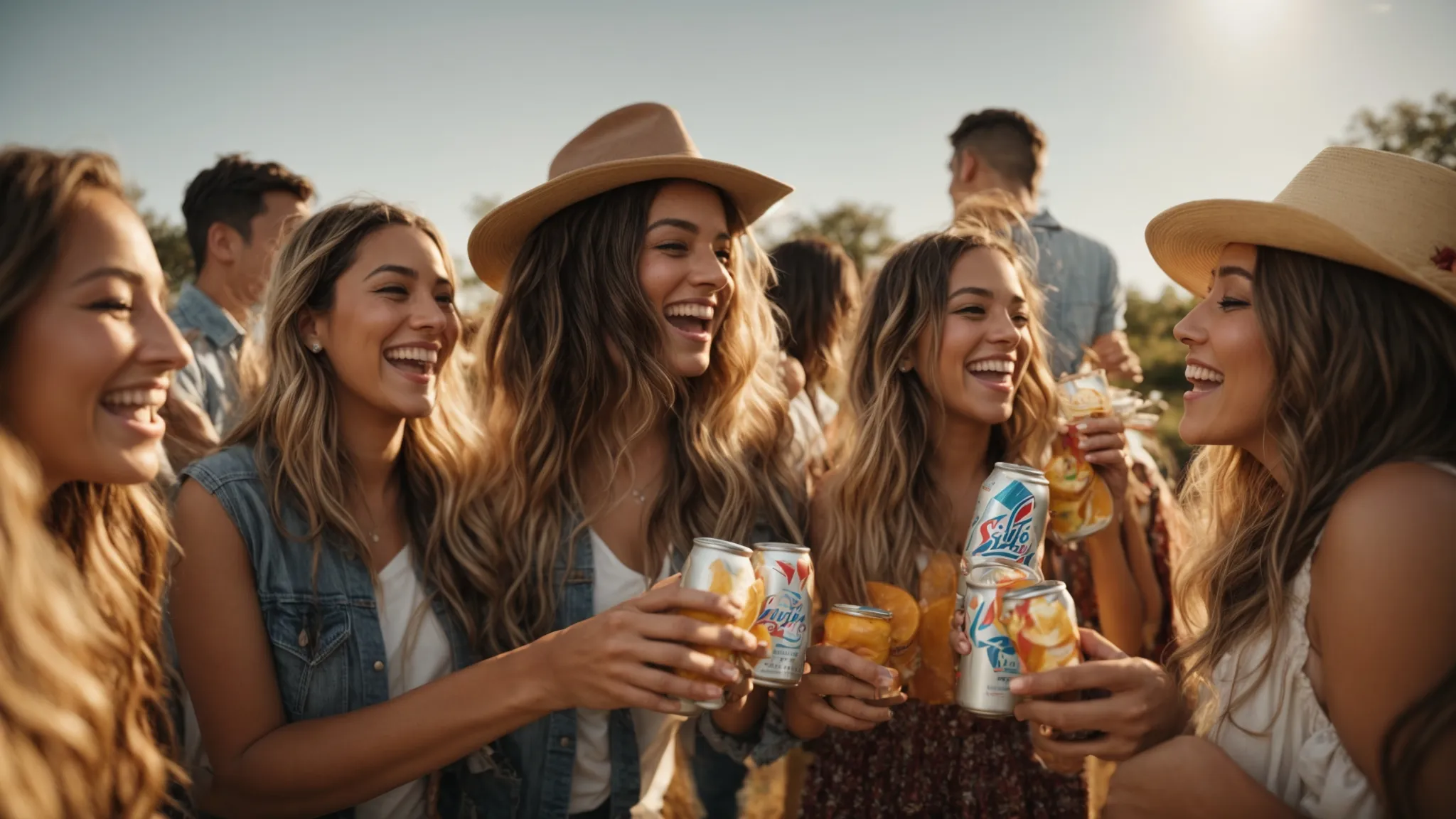 a group of friends laugh and toast with cans of fizzy seltzer at a vibrant, sunlit outdoor party.
