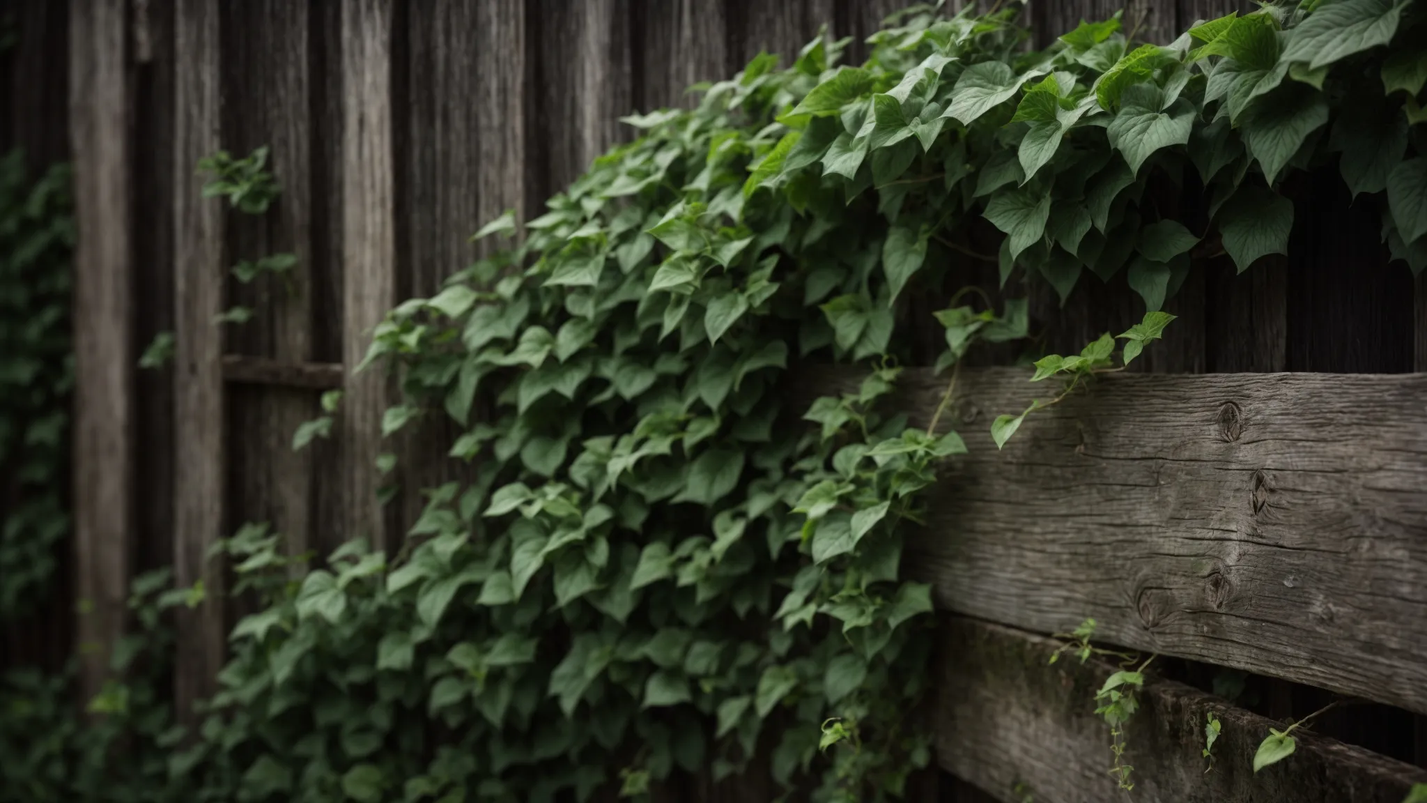 a wooden fence sagging and missing several planks, with ivy partially covering it.