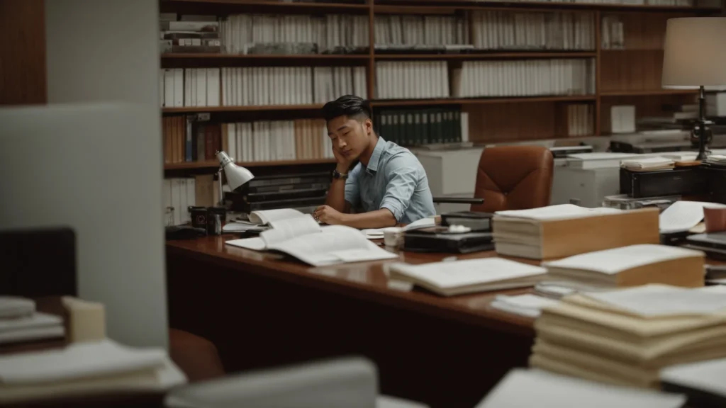 a recent college graduate sitting across from a professional at a desk, both looking at documents.
