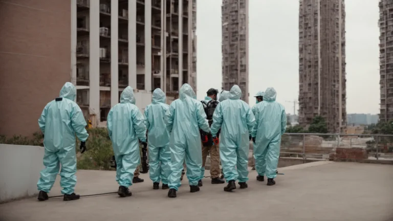 a team in protective suits inspects a city apartment for bed bugs.
