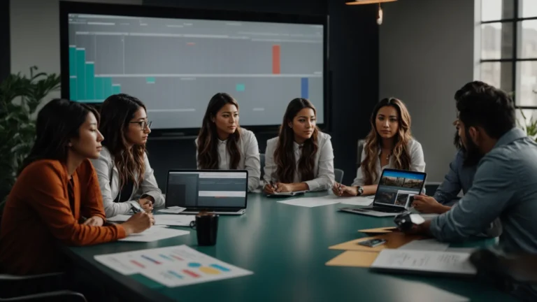 a team sits around a conference table, deeply engaged as they brainstorm over a large digital screen showcasing a vibrant marketing plan.