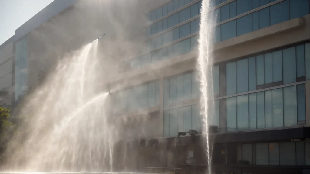 a high-pressure nozzle spraying clean water on a dirty commercial building facade, with bright sunlight highlighting the contrast between the cleaned and dirty areas.