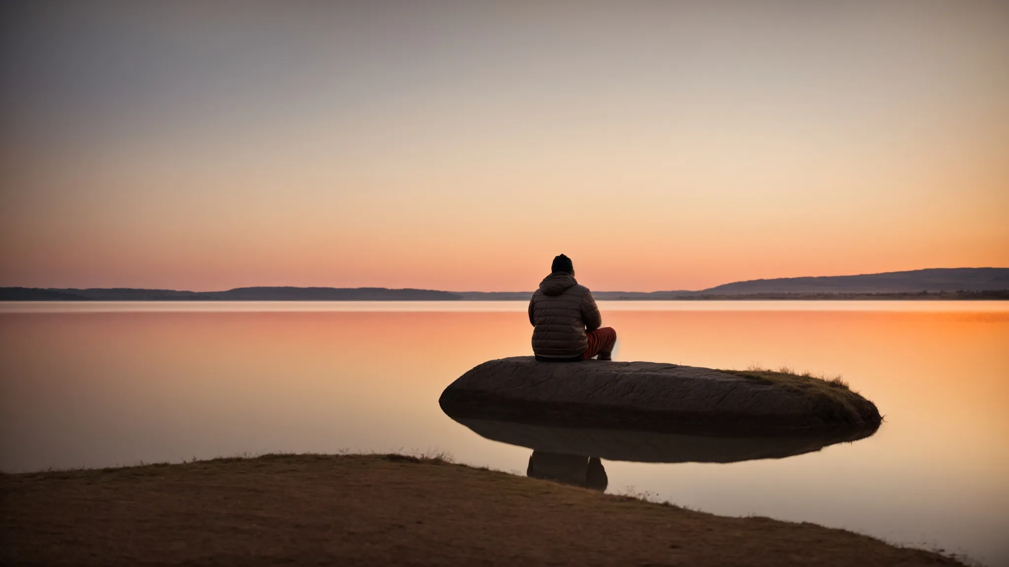 a serene, expansive outdoor landscape with a solitary figure sitting in calm reflection, overlooking a vast, quiet lake under a soft, glowing sunset.