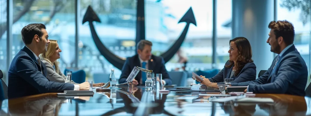 business professionals engaged in a lively discussion around a conference table, with a large anchor symbolizing emotionally focused therapy on display in the background.