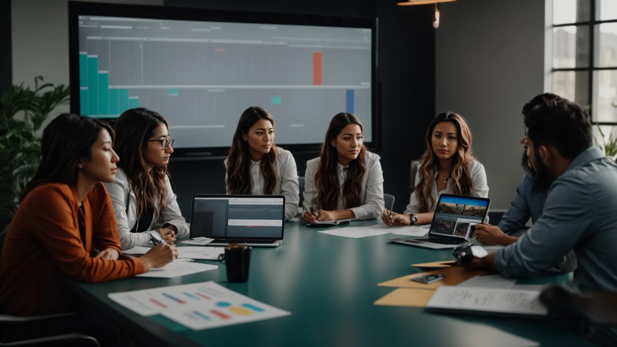 a team sits around a conference table, deeply engaged as they brainstorm over a large digital screen showcasing a vibrant marketing plan.
