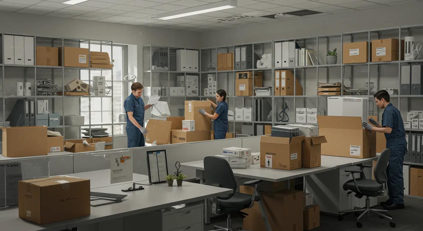 a meticulously organized office space showcases professional packers efficiently categorizing and securing items in labeled boxes, creating a visually striking environment that emphasizes streamlined moving services and stress-free settling in.