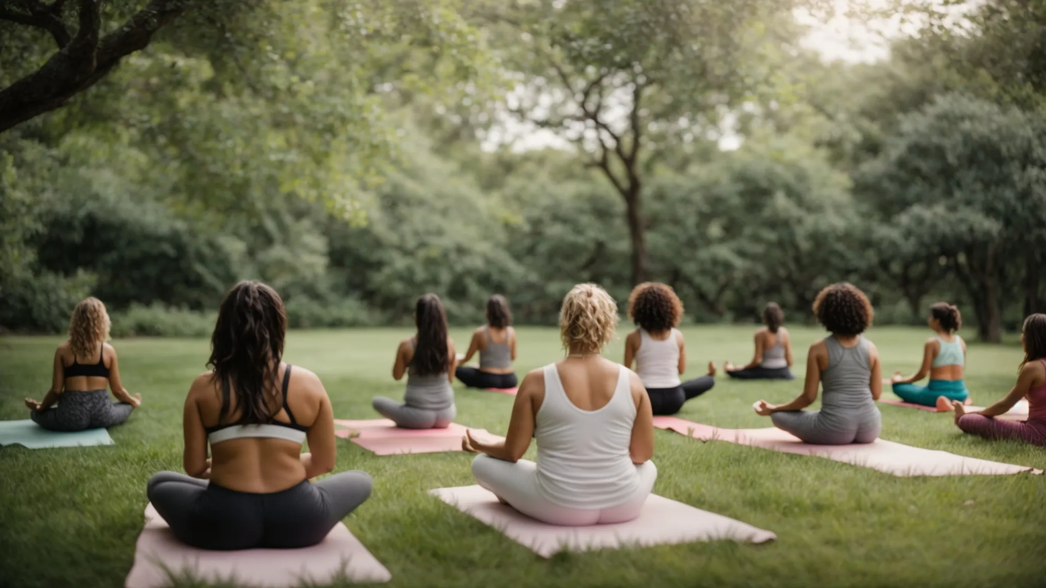 a group of women of various ages participate in a yoga class at the park, surrounded by lush greenery.