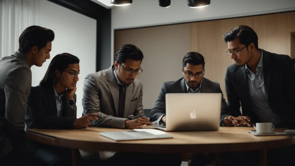 a group of professionals gather around a laptop, intently discussing a graph showing website traffic growth.
