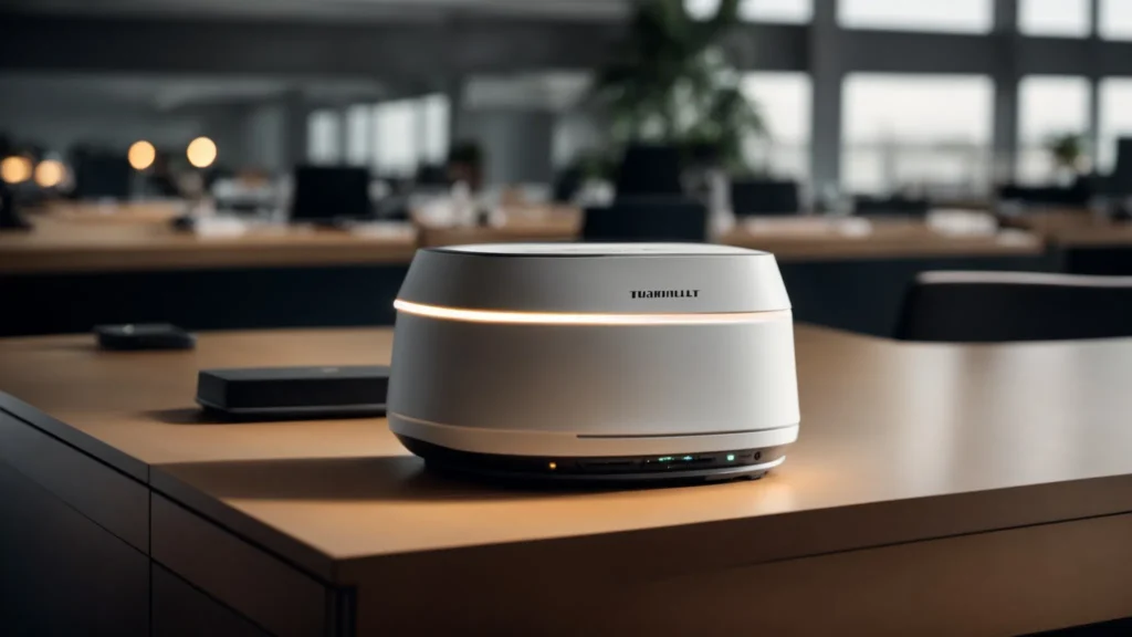 a sleek cradlepoint router lights up as it establishes a powerful wireless connection across a modern office.