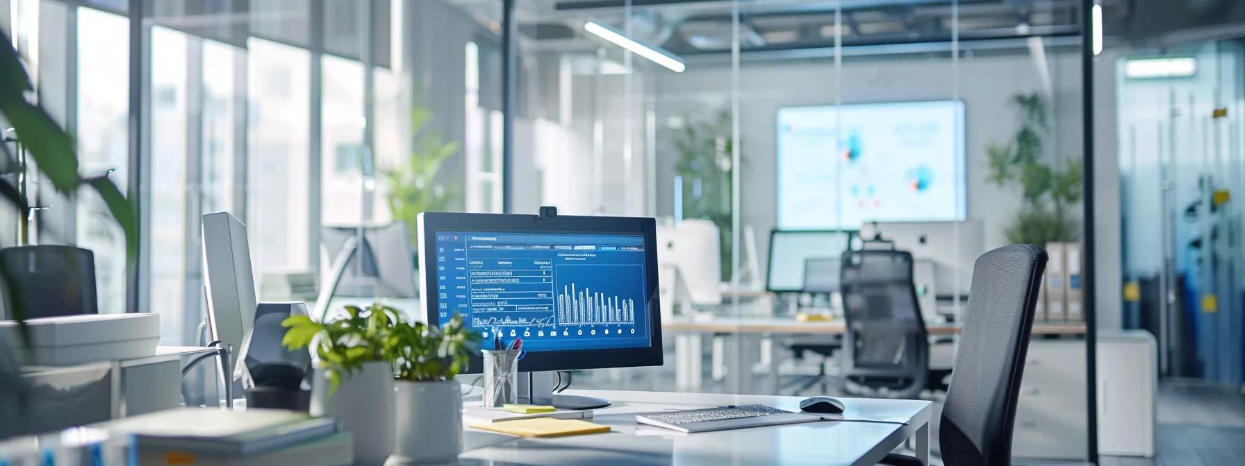 a sleek office environment showcases a digital planning board displaying removalist pricing factors, accentuated by a modern workstation with a laptop and moving equipment, highlighting the complexities of logistics and cost calculations in a bustling urban setting.
