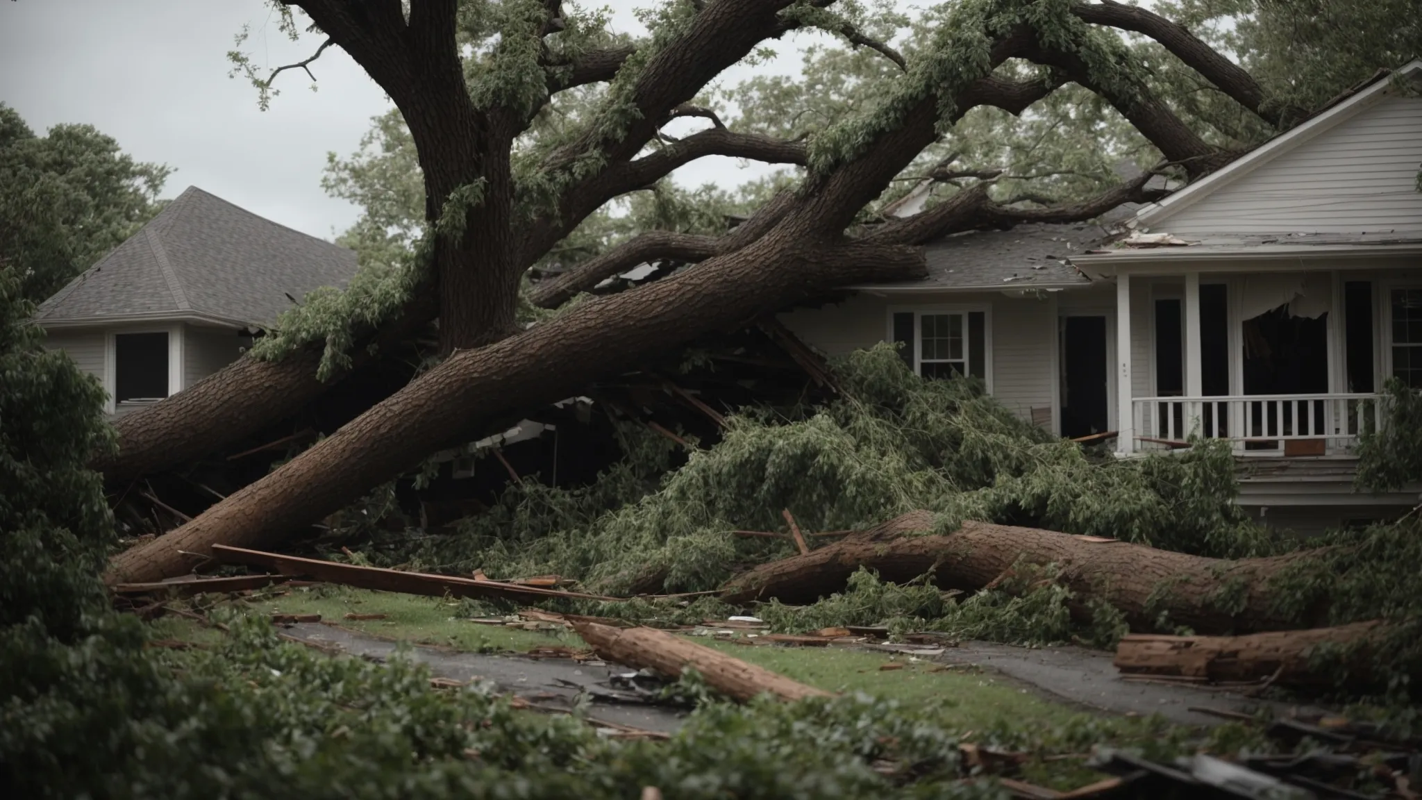 a large uprooted tree sprawls across a damaged house amidst scattered debris following a severe storm.