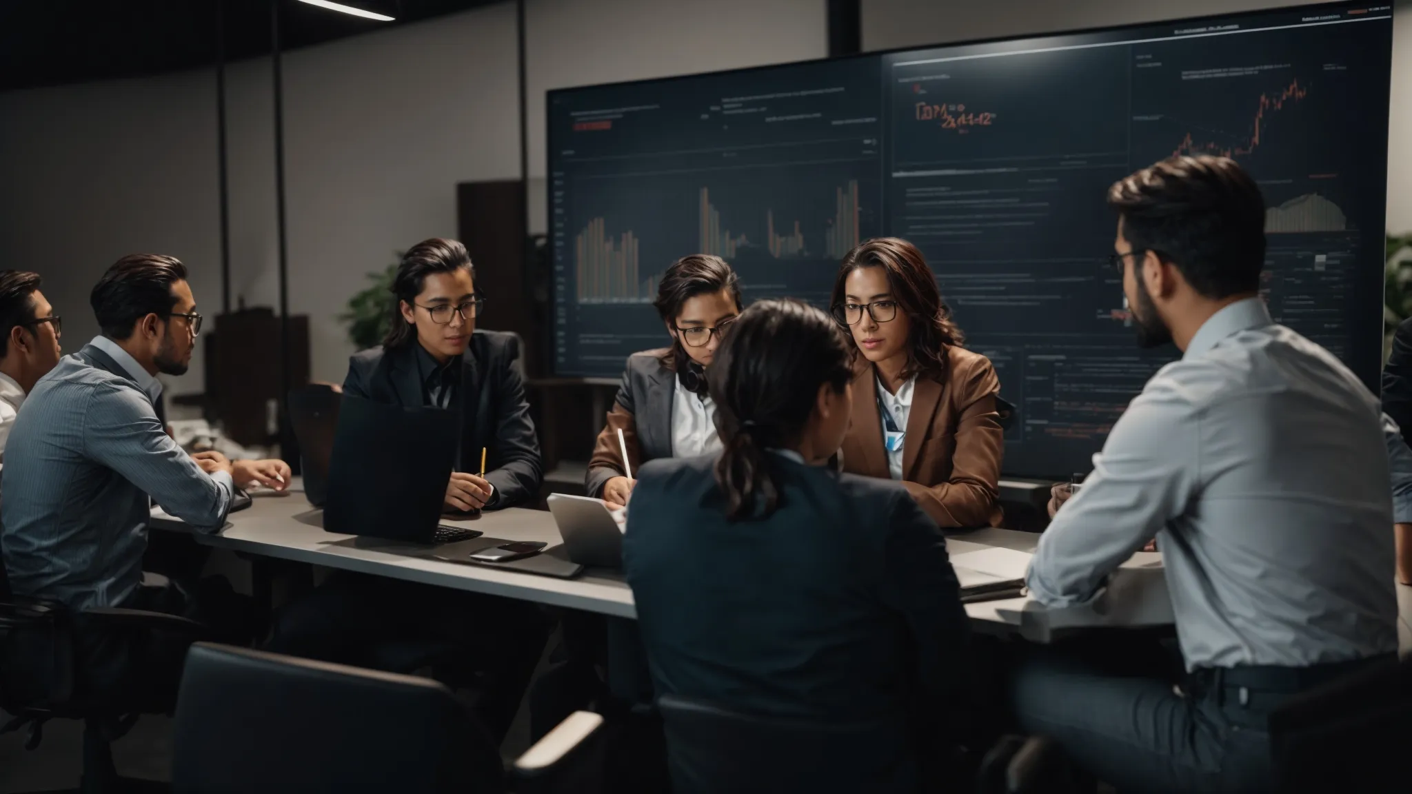 a team of professionals brainstorming around a digital marketing plan on a large screen.