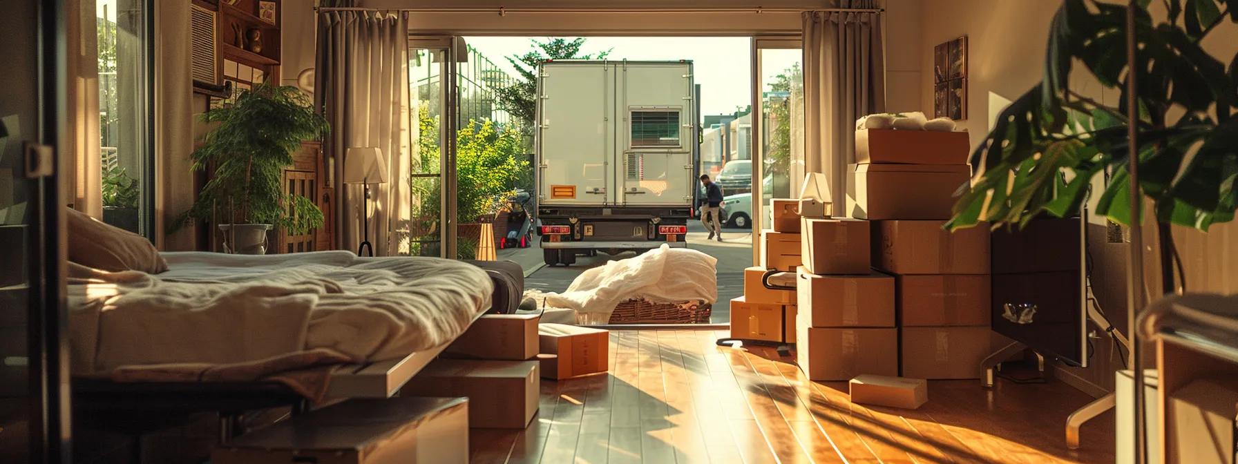 a professional removalist team in a bustling urban apartment, meticulously packing fragile items into sturdy boxes while a specialized truck waits outside, embodying the organized logistics and care involved in each stage of a move.