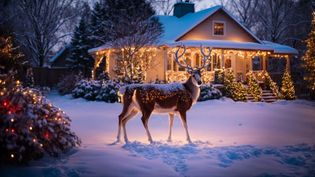 a snowy front yard twinkles under the glow of colorful lights draped over bushes and trees, with an illuminated reindeer standing proudly near a festively decorated porch.