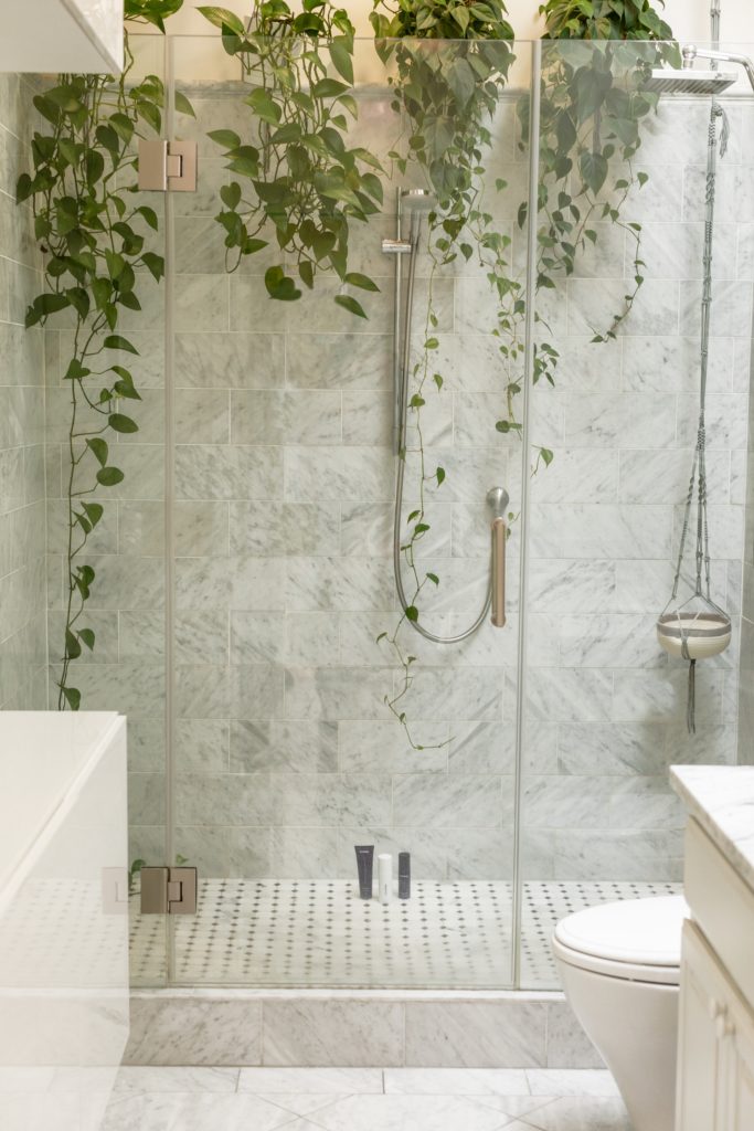 a bathroom with a shower curtain