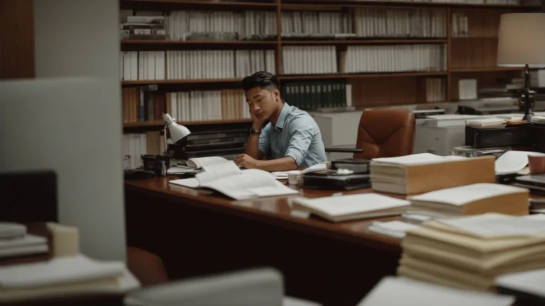 a recent college graduate sitting across from a professional at a desk, both looking at documents.