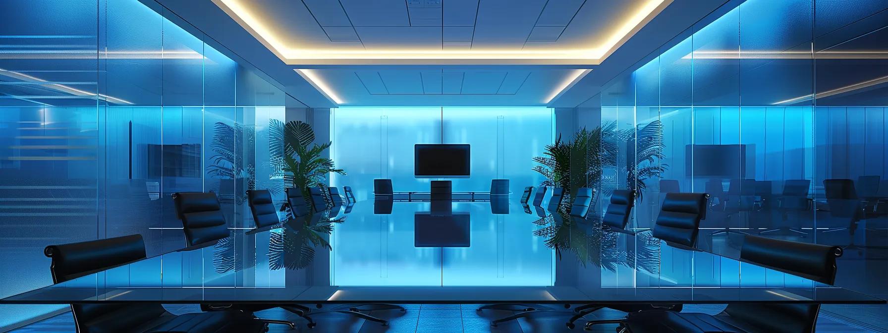 a sleek, modern office setting features a polished conference table cluttered with tablets displaying structured data, alongside a large screen showcasing glowing customer reviews, reflecting the critical role of information in selecting trustworthy removalists.