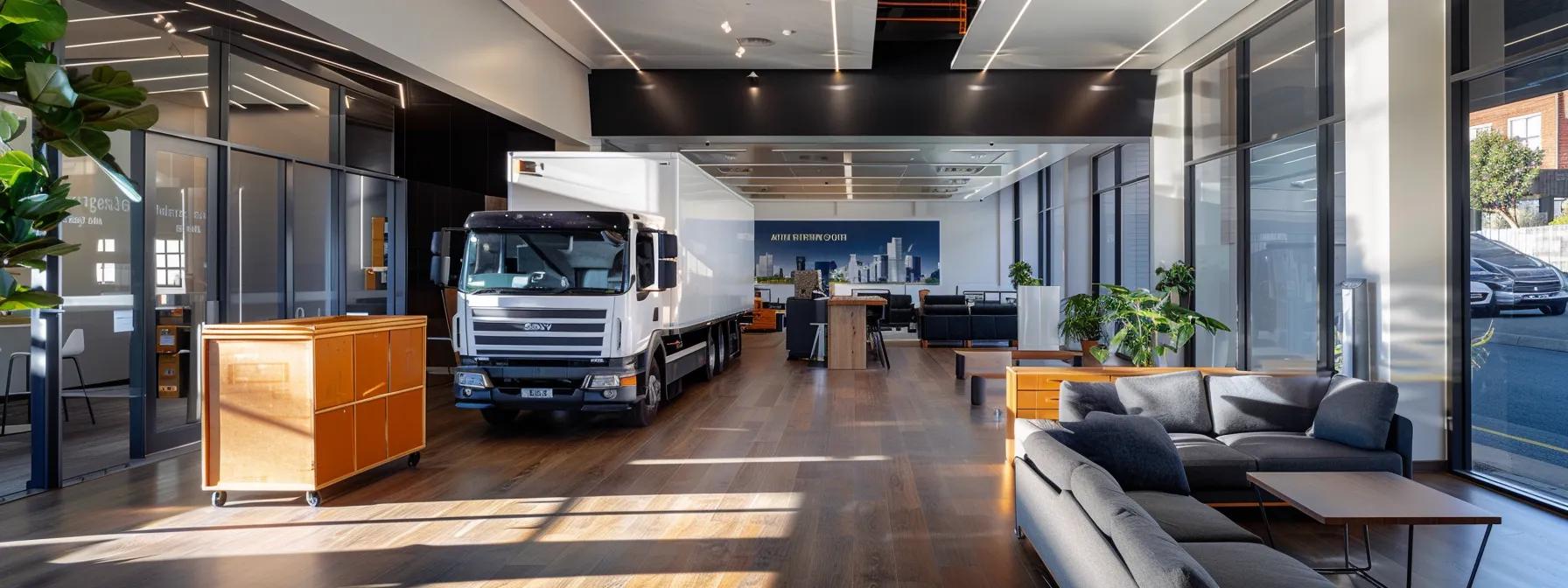 a bustling urban moving company office in perth, featuring a team of professional removalists coordinating goods with high-quality packing materials and sleek transportation trucks ready for a seamless transition into clients' new homes.