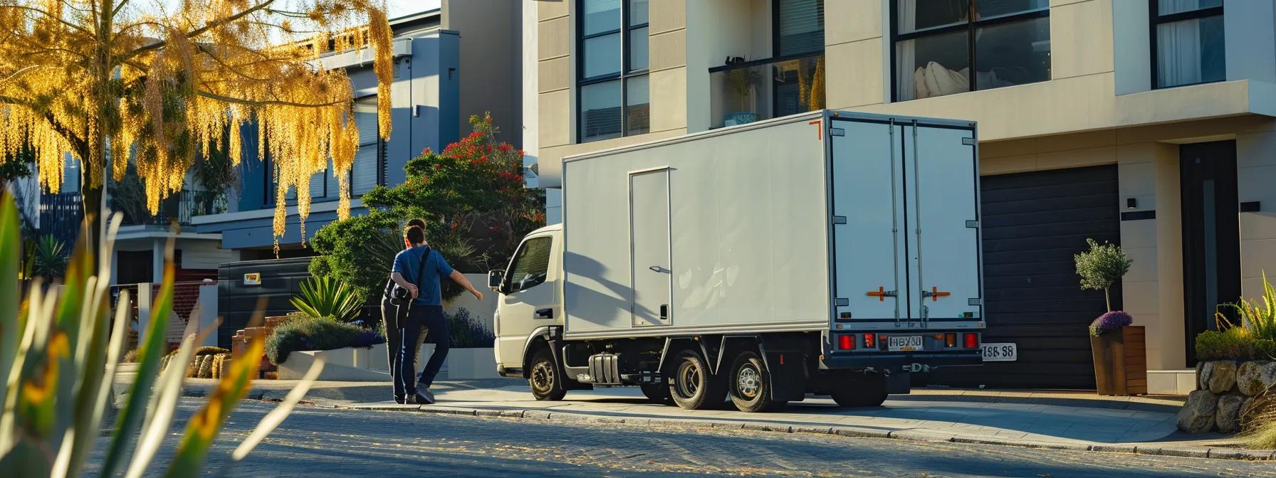 a bustling urban moving company in perth showcases a team of professional removalists efficiently loading furniture and specialty items into a sleek, modern truck outside a residential building, emphasizing organization and expertise in various moving services.