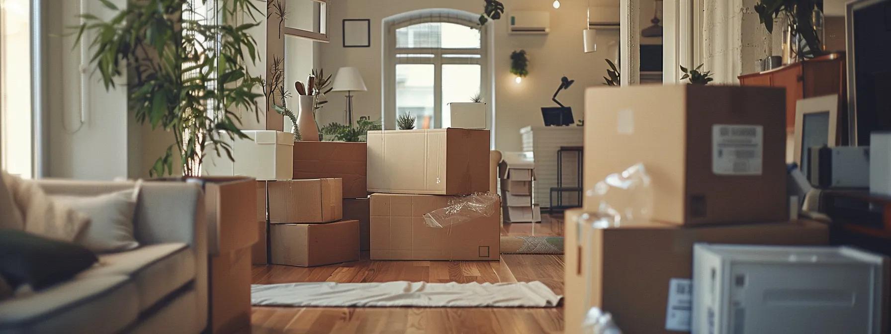 a meticulously organized moving scene showcases neatly labeled boxes stacked by room, with bubble wrap and packing tape prominently displayed amidst a modern urban apartment, highlighting the efficiency of a smooth packing process.