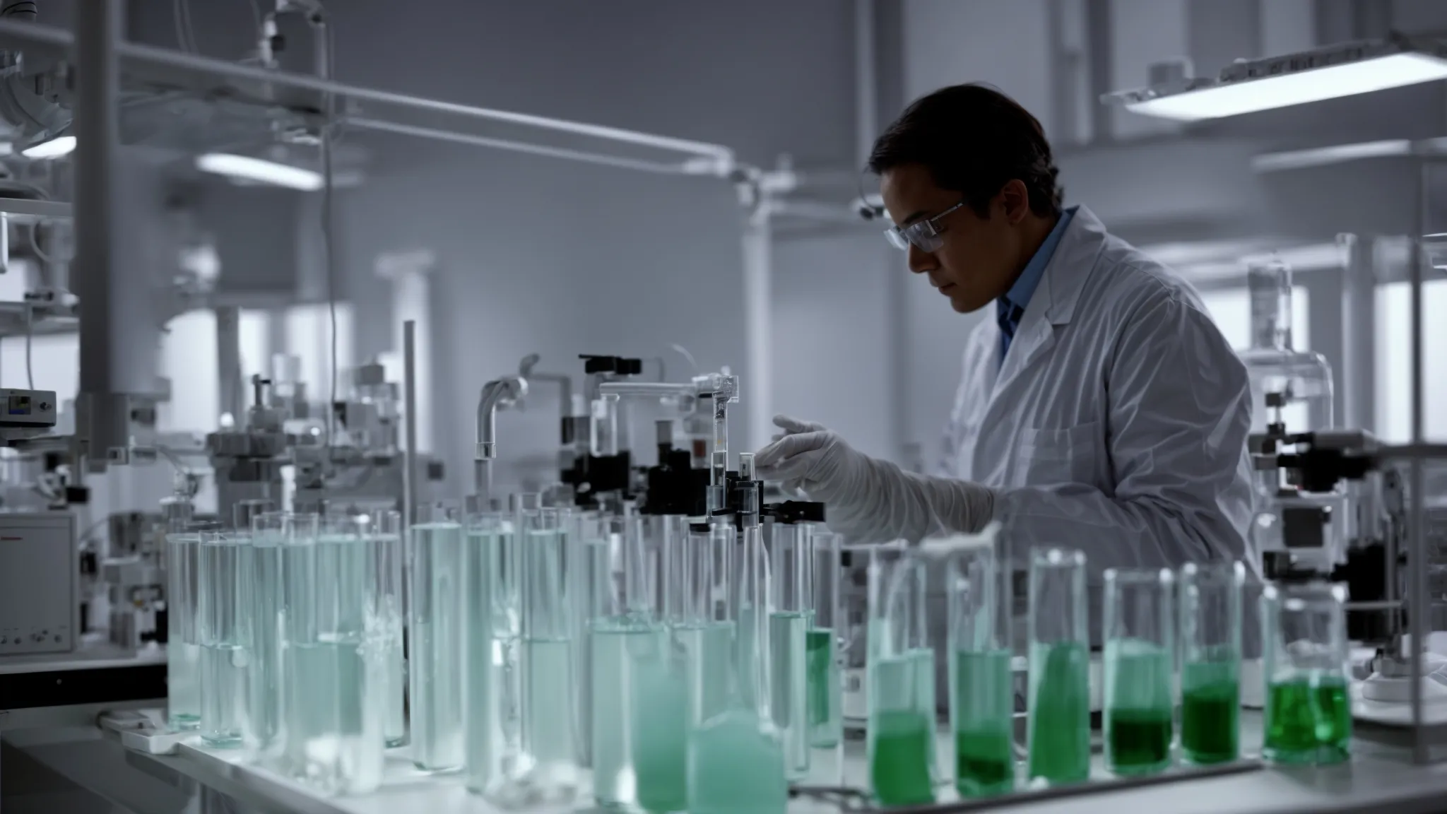 a scientist in a laboratory measures a clear liquid into a test tube, surrounded by advanced lab equipment.