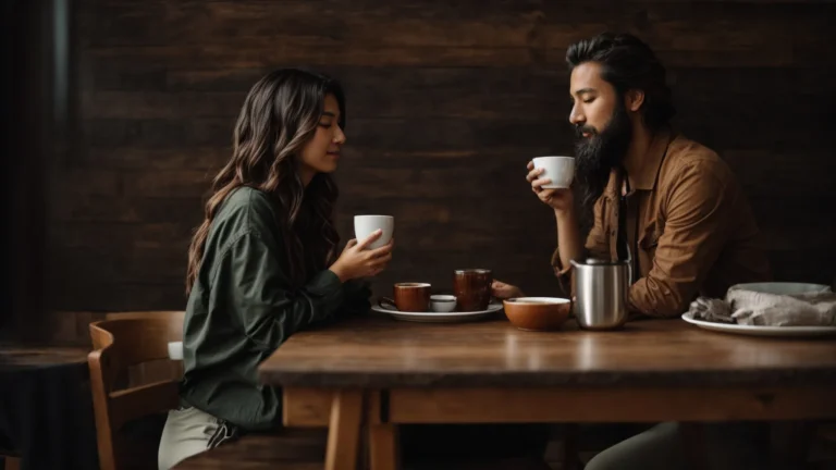 two people deeply engaged in conversation over coffee at a rustic wooden table.