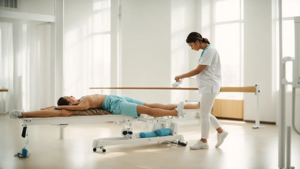 a patient gently stretching their leg under the guidance of a physiotherapist in a bright, clean rehabilitation center.