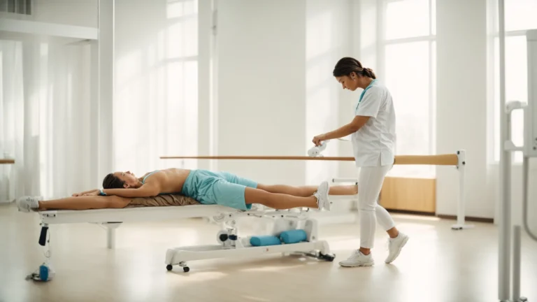 a patient gently stretching their leg under the guidance of a physiotherapist in a bright, clean rehabilitation center.