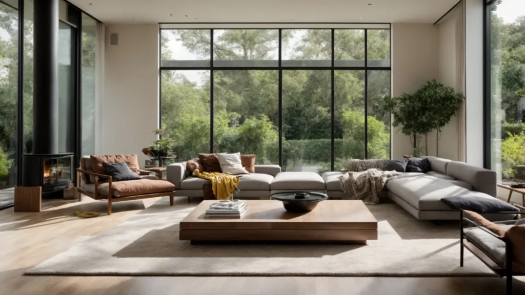 a modern living room with sleek furniture and large windows overlooking a lush garden, highlighting the elegance of professional home renovation.
