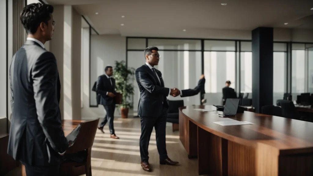 a person in formal attire shakes hands with a lawyer in an office during a consultation.