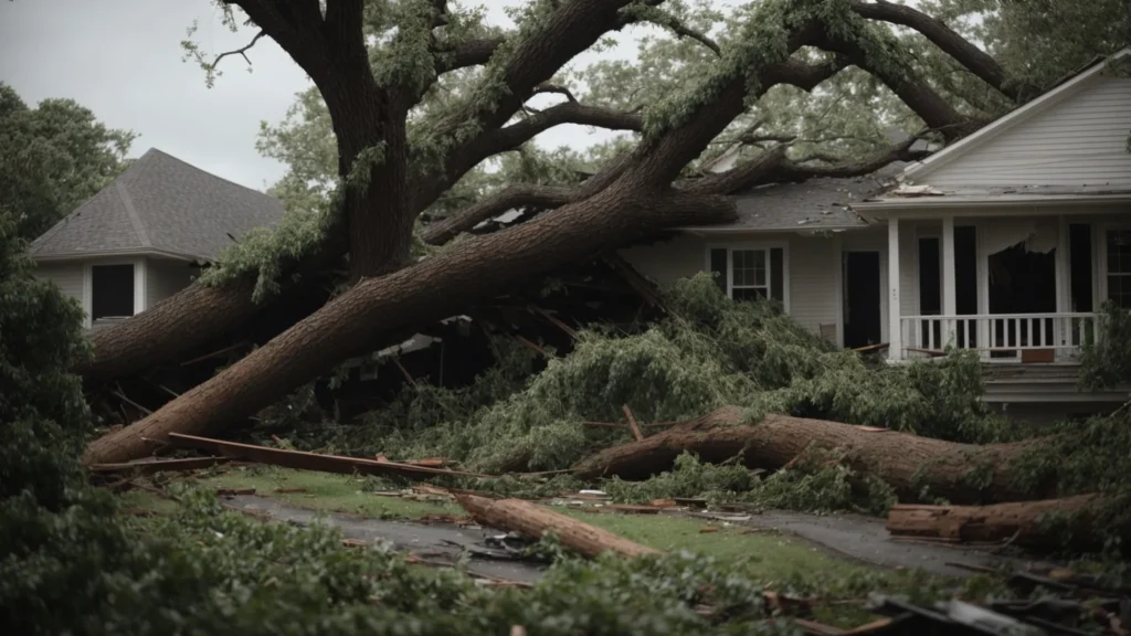 a large uprooted tree sprawls across a damaged house amidst scattered debris following a severe storm.