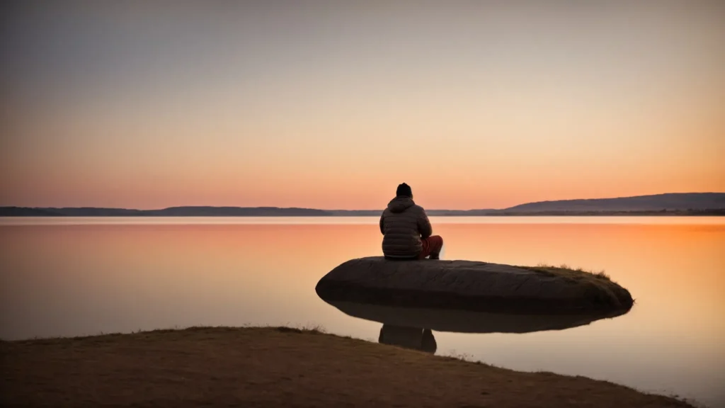 a serene, expansive outdoor landscape with a solitary figure sitting in calm reflection, overlooking a vast, quiet lake under a soft, glowing sunset.