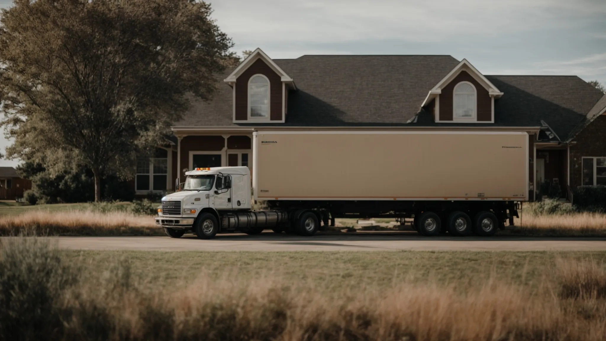 a large, empty truck parked in front of a house, ready to be filled with boxes.