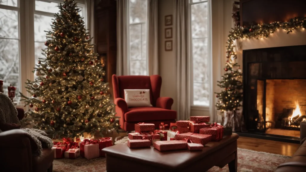 a cozy living room with an advent calendar hanging on the fireplace, chocolate treats spilling out of its pockets, and a twinkling christmas tree in the corner.