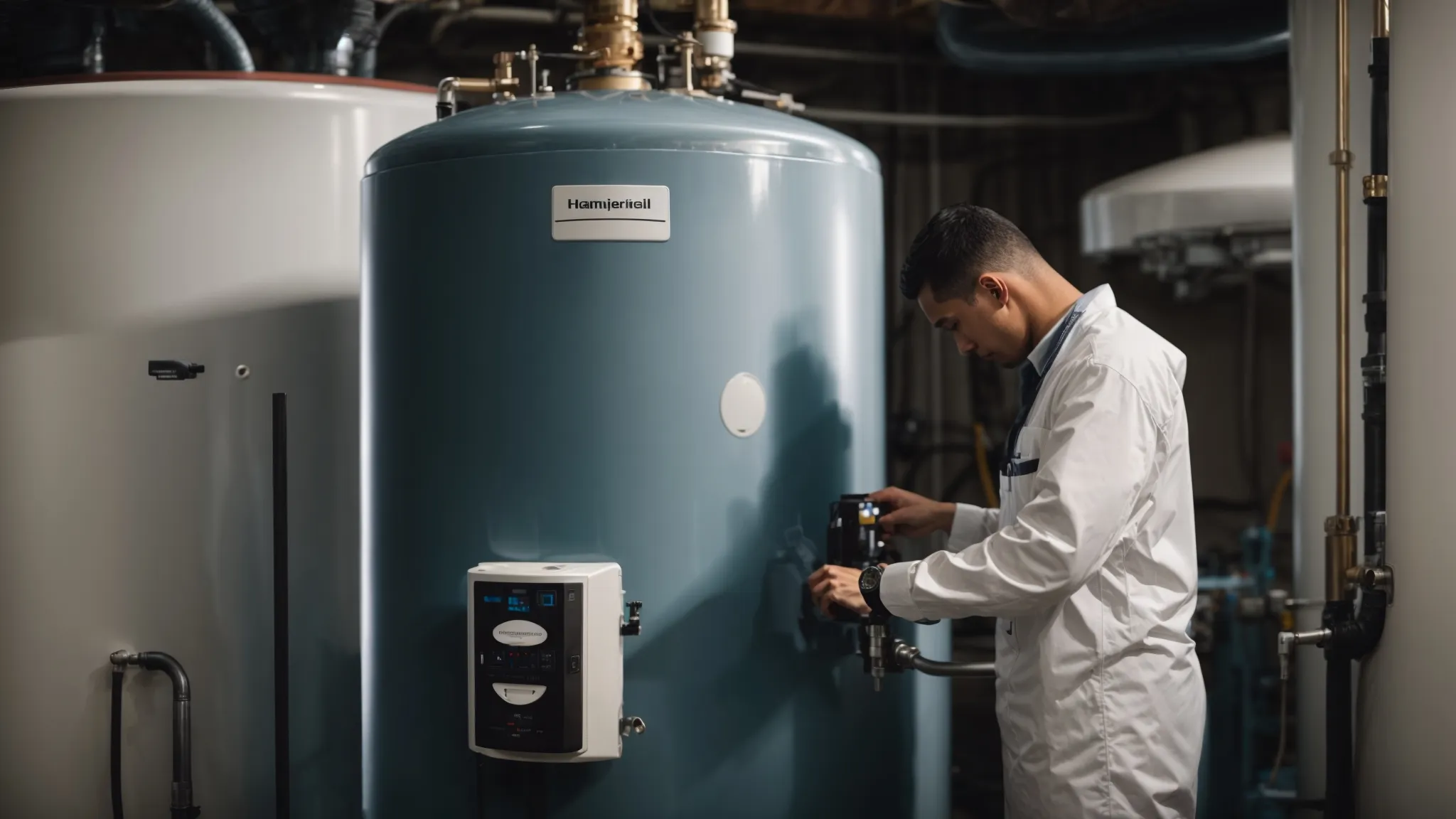 a professional technician is carefully examining a large water heater in a clean, well-lit basement.