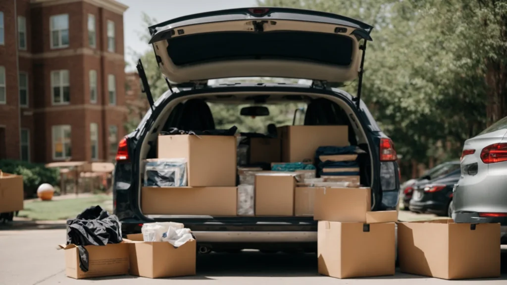 a packed car with open trunk filled with boxes and dorm essentials parked in front of a college dormitory on a sunny day.