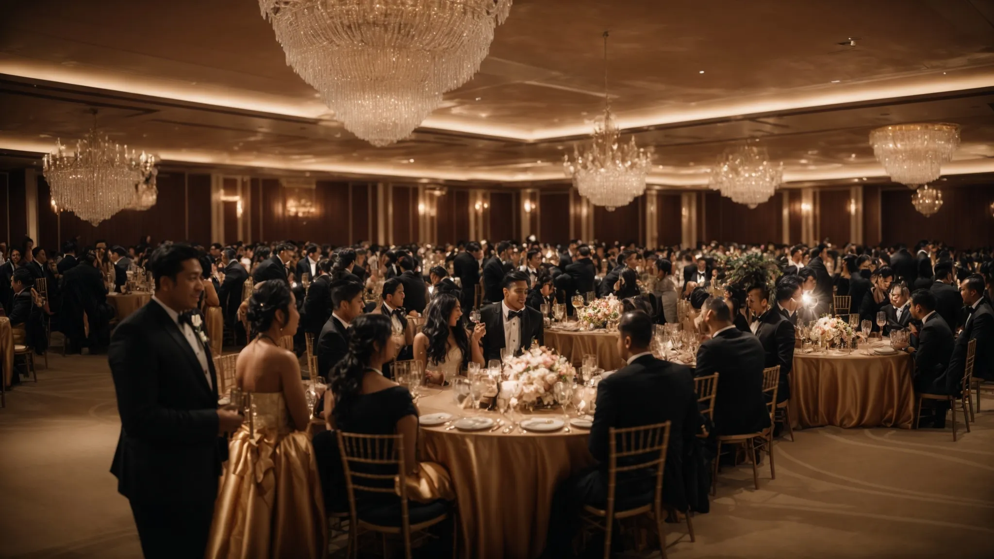 a banquet hall filled with elegantly dressed professionals engaging in animated conversations around tables adorned with centerpieces.