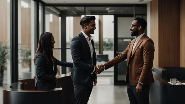 two professionals shaking hands in front of a digital marketing agency office.