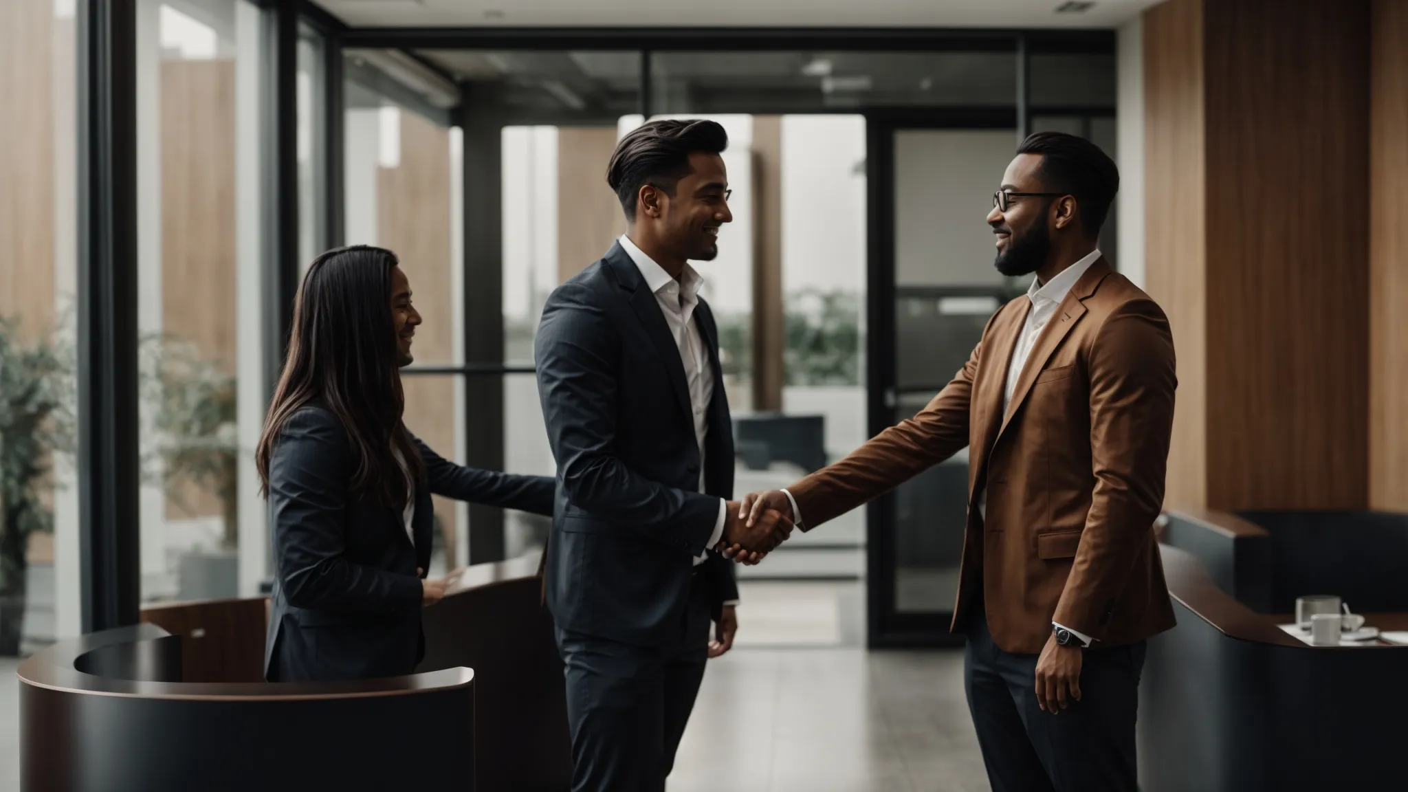 two professionals shaking hands in front of a digital marketing agency office.