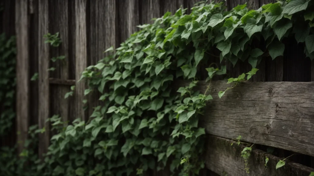 a wooden fence sagging and missing several planks, with ivy partially covering it.