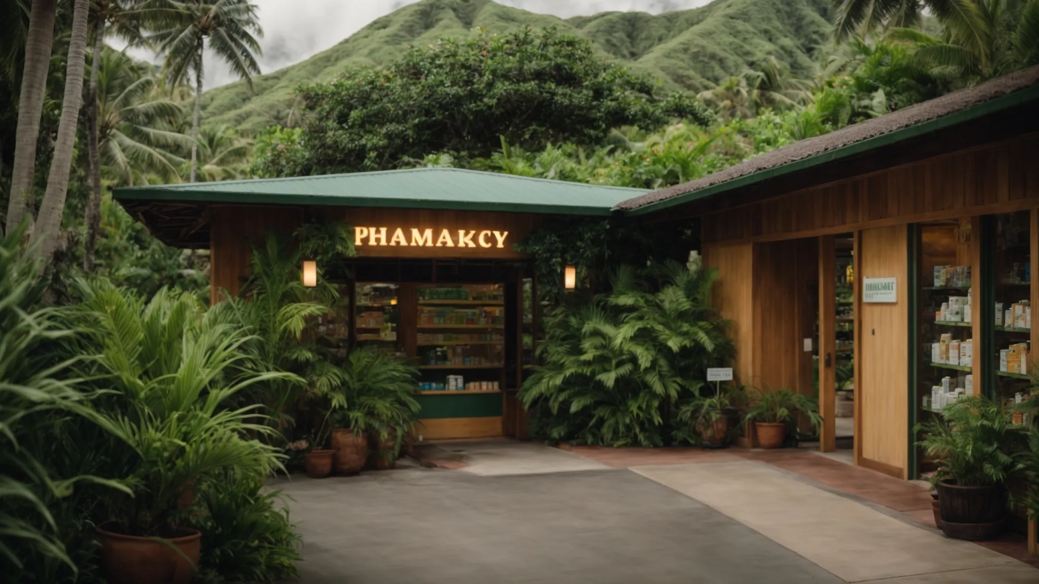 a welcoming pharmacy on maui, surrounded by lush tropical greenery.