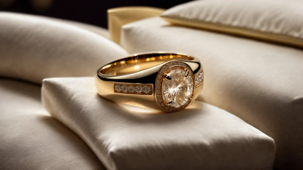 a gleaming signet ring rests atop a plush velvet cushion in an elegant jewelry store display.