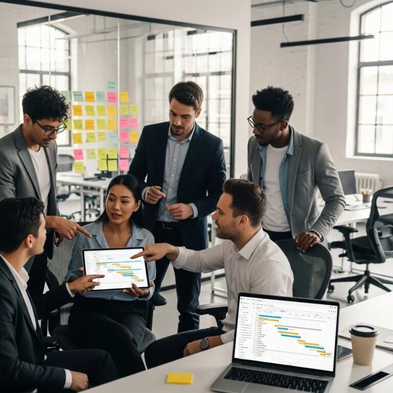 Diverse team collaborating on project management in a modern office