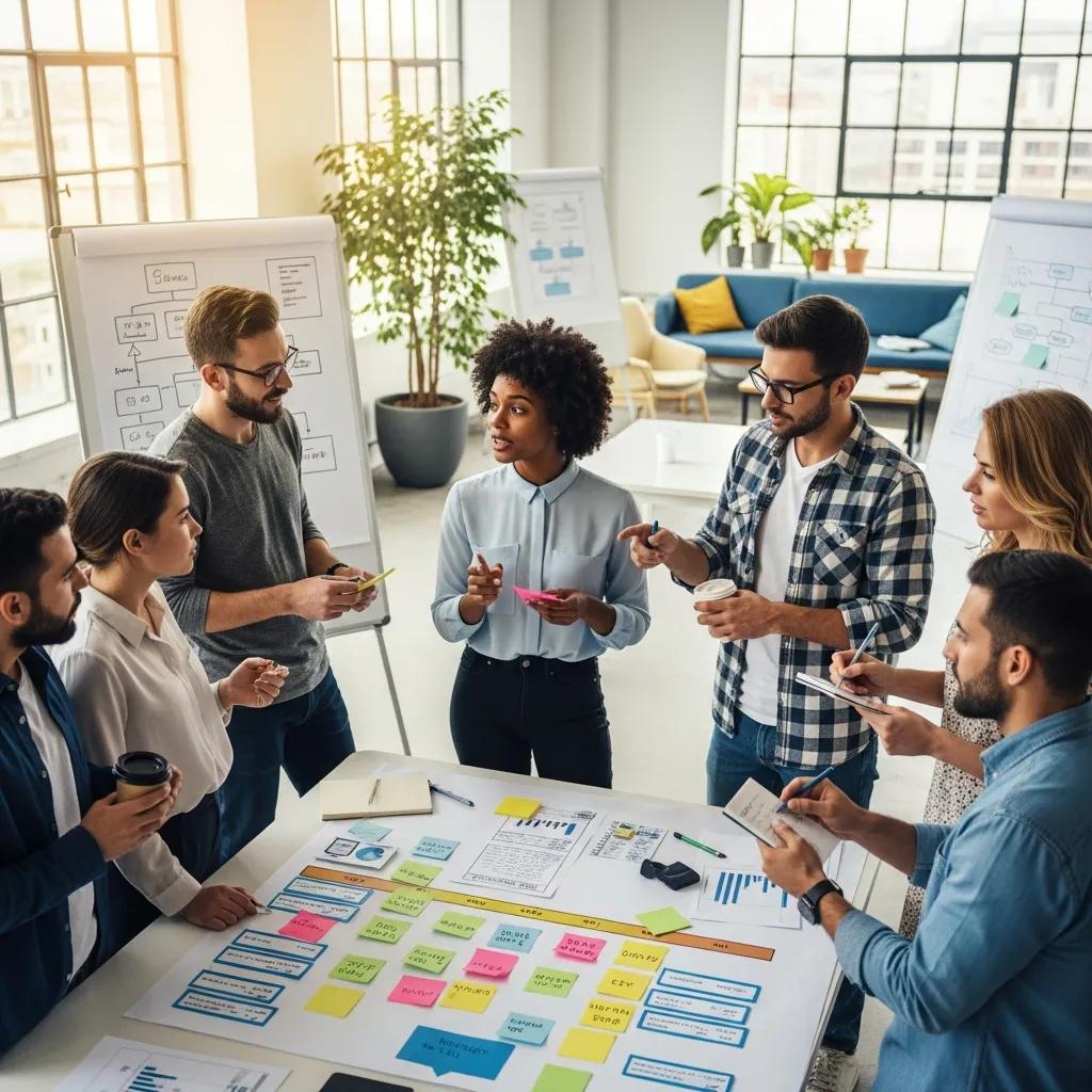 Team participating in a daily stand-up meeting using agile methodology
