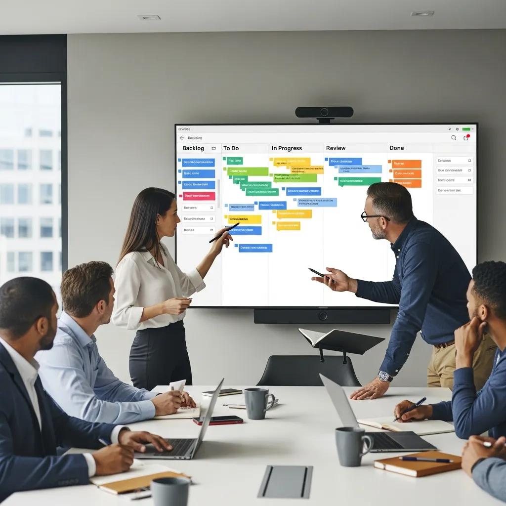 Team using project planning tools in a meeting room with a Kanban board