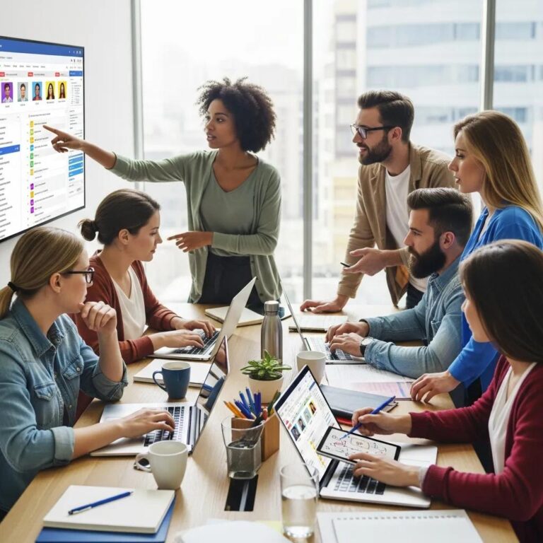 Diverse team collaborating on project management software in a modern office